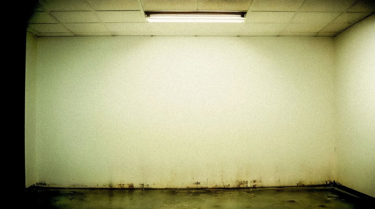 Damp and mould spreading along the base of the walls in a room