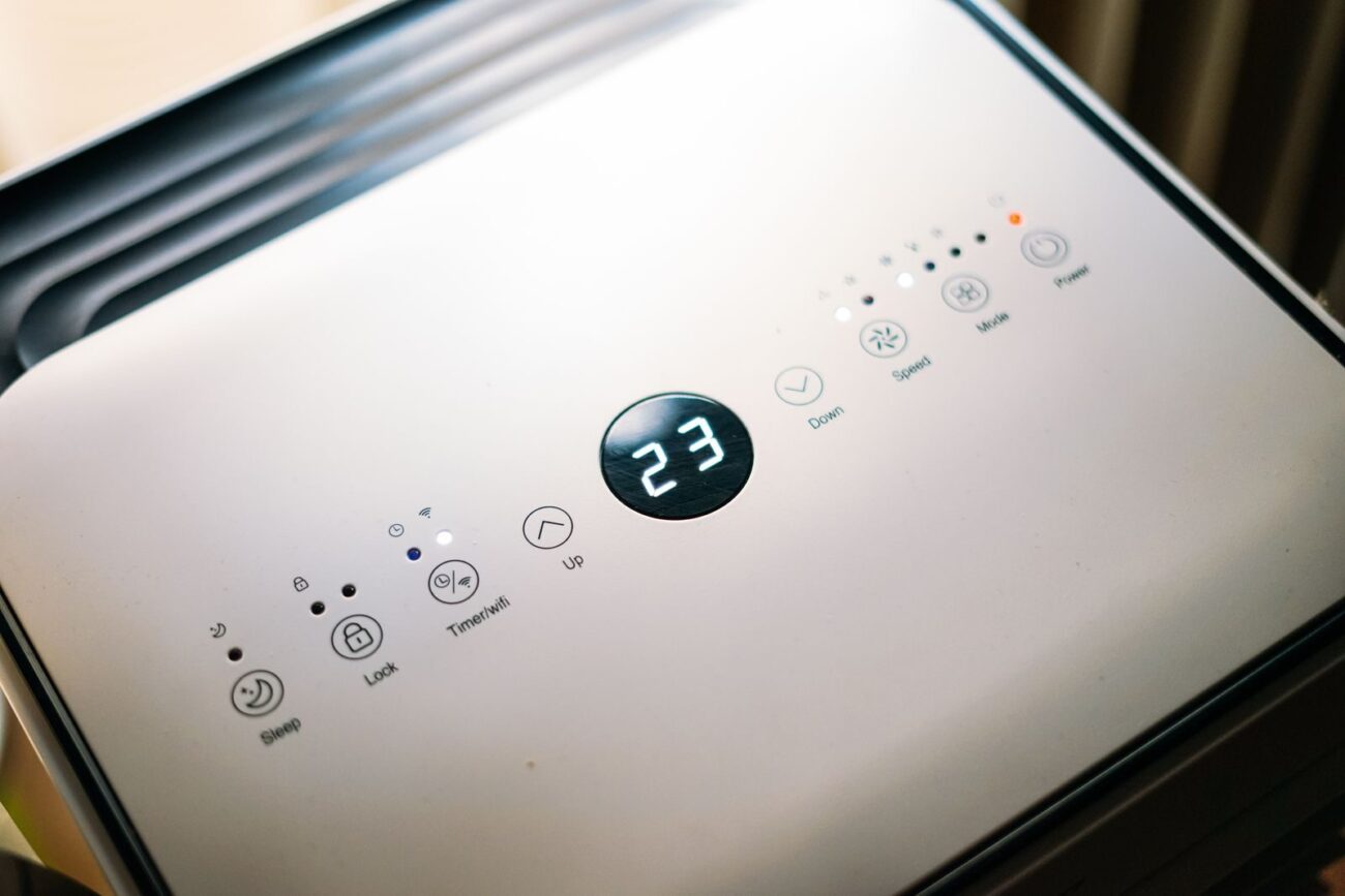 The control panel of a home dehumidifier, used to lower indoor humidity and help prevent mould