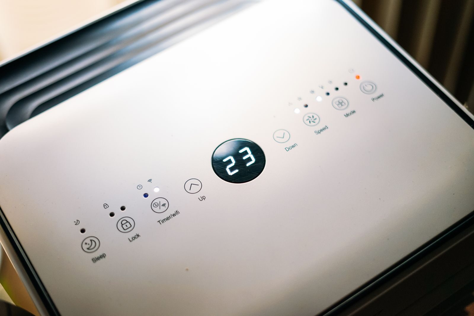 The control panel of a home dehumidifier, used to lower indoor humidity and help prevent mould