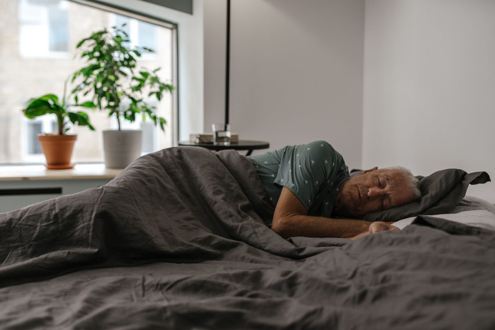 A person sleeping peacefully in a bedroom with a plant nearby, showing it is safe to sleep near plants