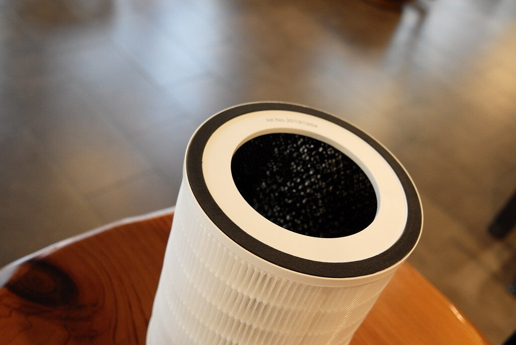 Close-up of an air purifier's pleated filter