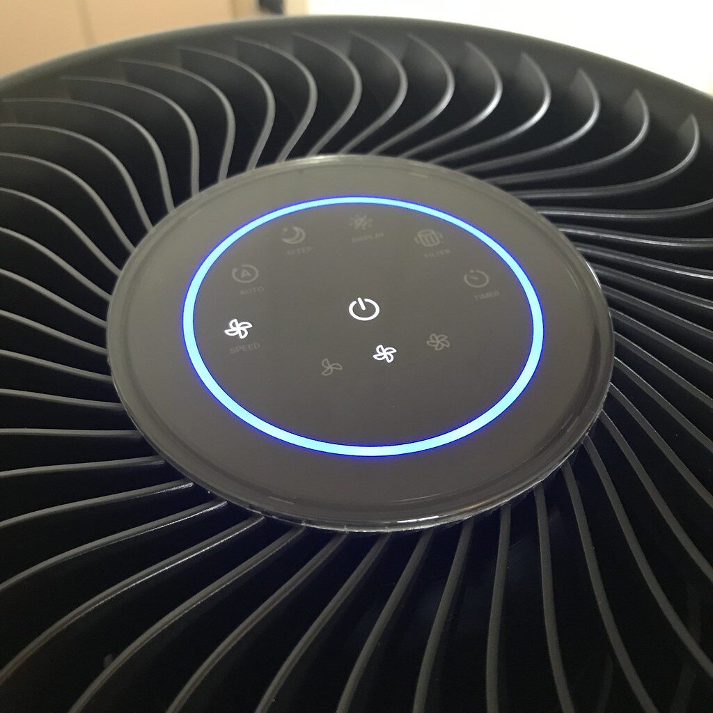 Air purifier control panel and vent close-up