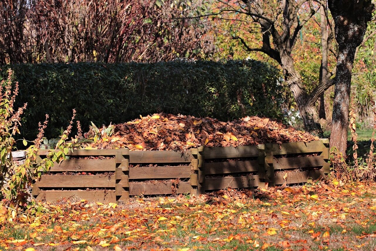 A compost bin filled with autumn leaves, the slow low-effort cold composting method