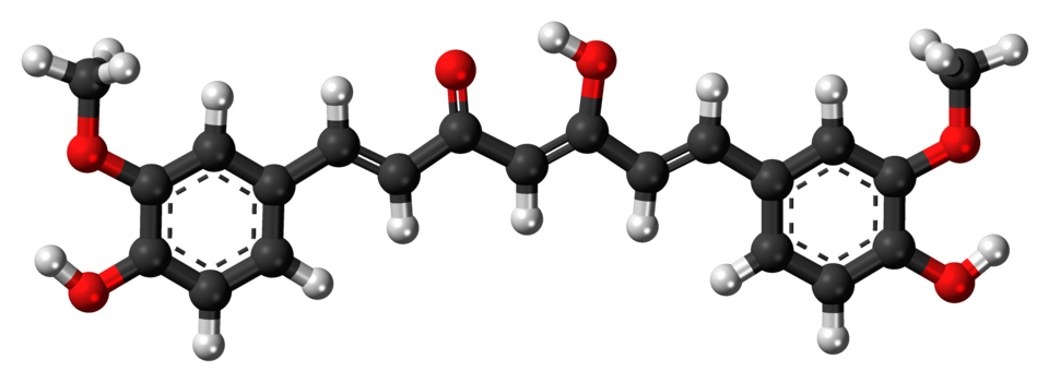 Ball-and-stick model of the curcumin molecule showing its symmetric ring structure