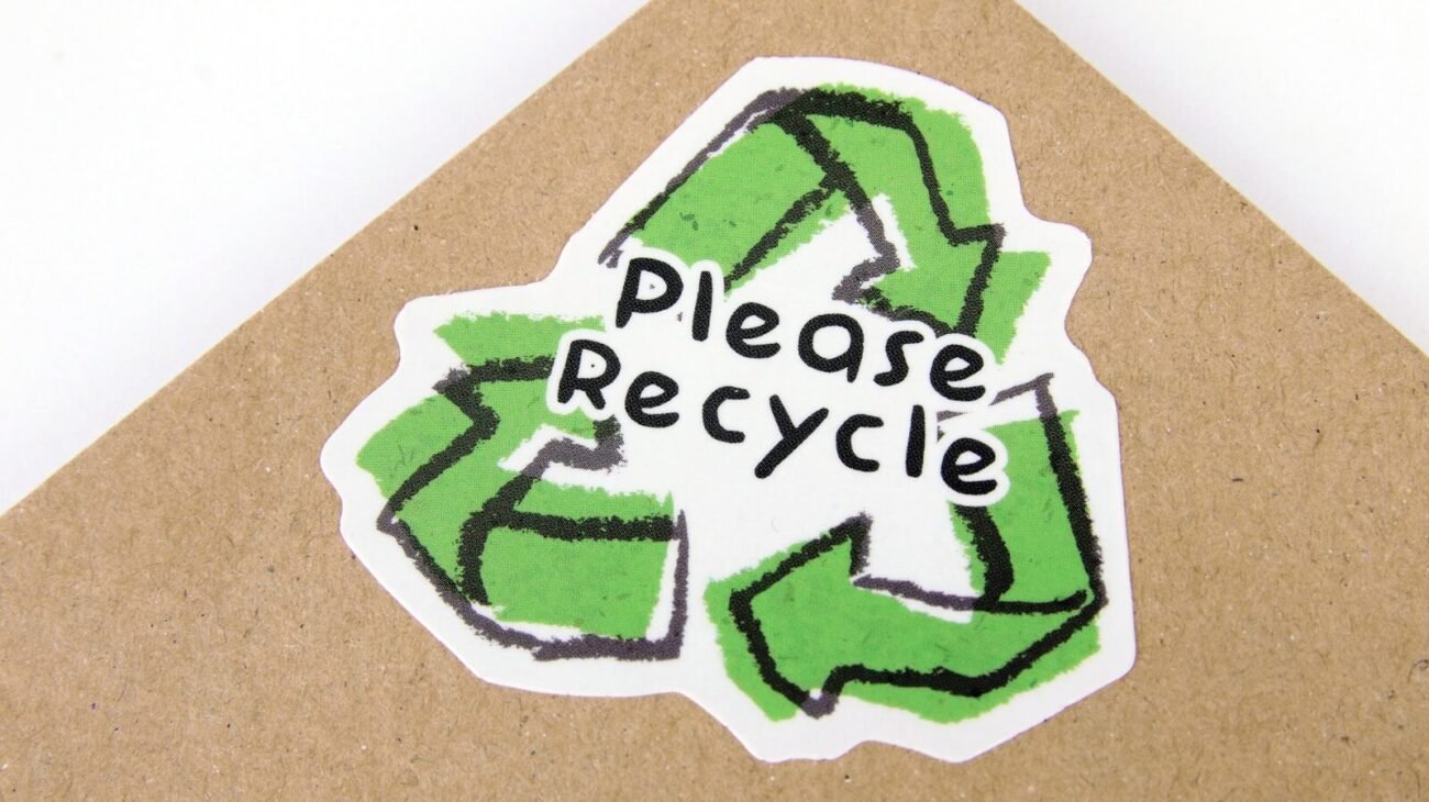 A hand-drawn please recycle sticker on kraft cardboard, representing green packaging claims