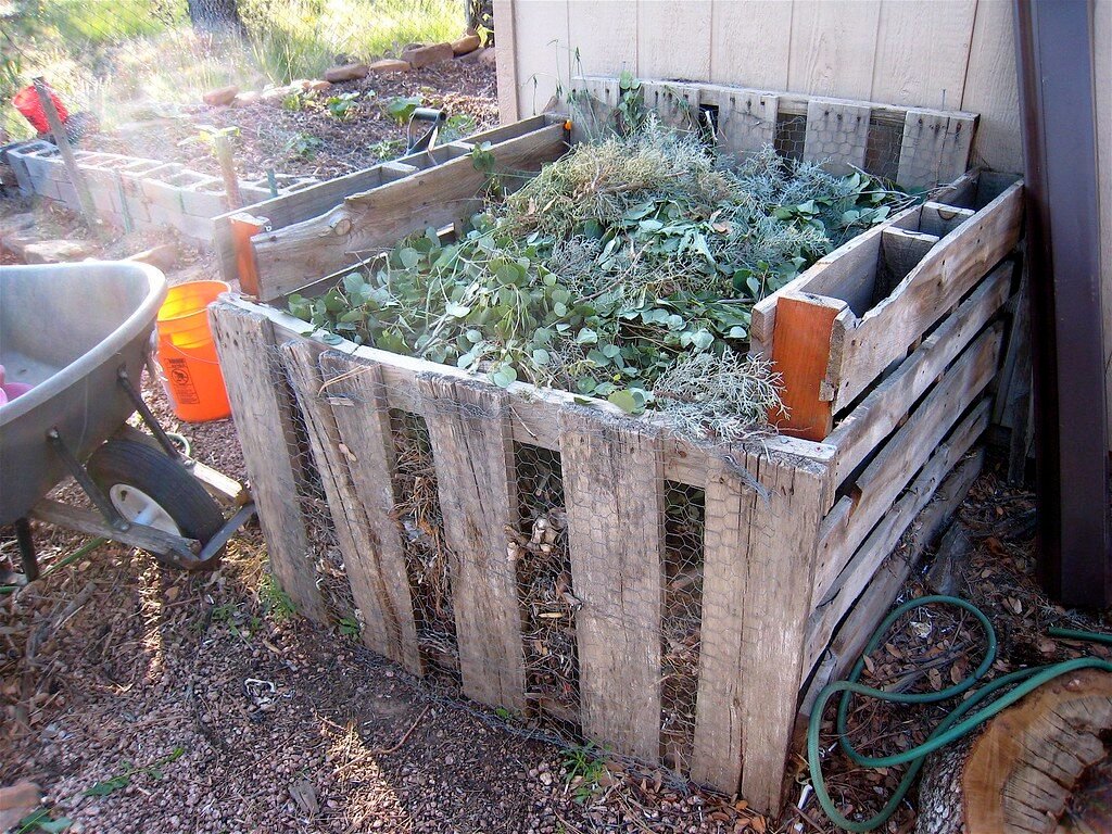 A pallet compost bin filled with garden waste, a pile you can run hot or cold