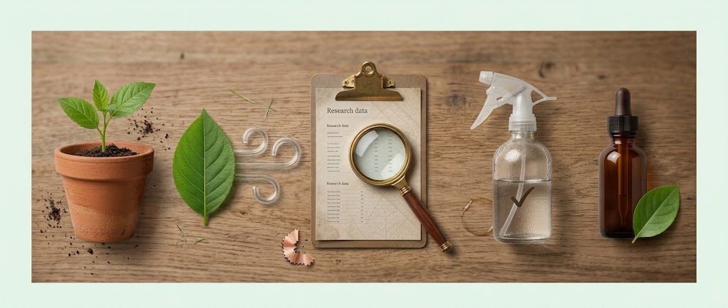 Icons for garden, air, cleaning, and skincare around a research clipboard and magnifying glass, representing evidence-based home guides